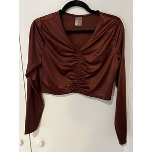 New Calia Rash Guard Large Long Sleeve Ruched Top Red Brown Womens Swim Shirt